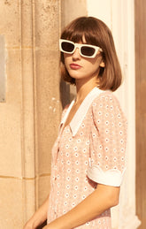 White Collar with Short Sleeved Dress in Cinnamon Color and Geometric Pattern - By Quaint